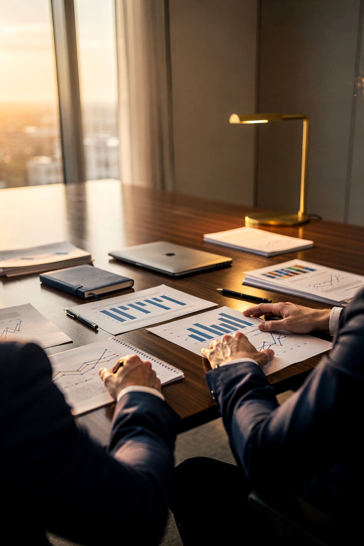 Consultation at a conference table: hands pointing at charts and documents in warm evening light