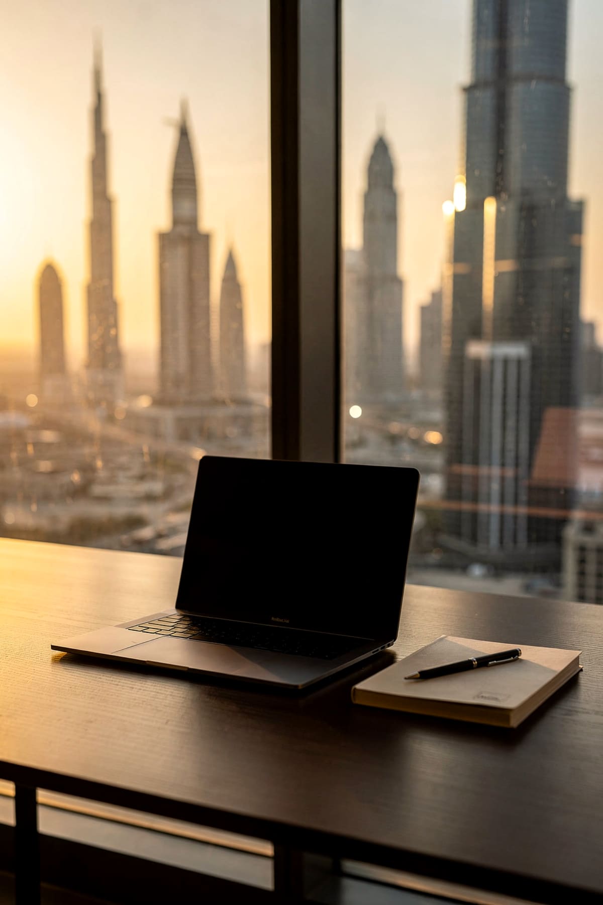 Modern desk with a laptop in front of floor-to-ceiling windows overlooking the Dubai skyline at dusk